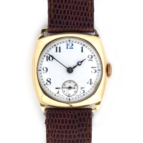 638 - A 9CT GOLD GENTLEMAN'S MECHANICAL WATCH
Circa 1950s, porcelain dial, Arabic numerals with blue 12, s... 