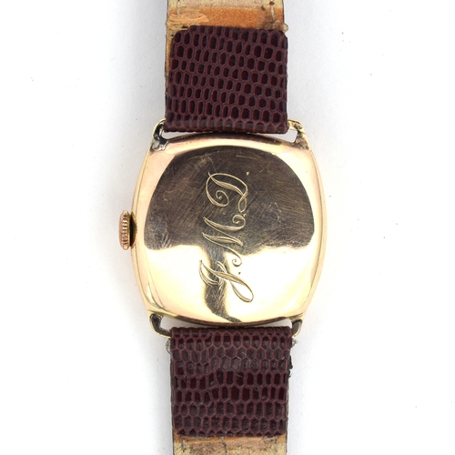 638 - A 9CT GOLD GENTLEMAN'S MECHANICAL WATCH
Circa 1950s, porcelain dial, Arabic numerals with blue 12, s... 