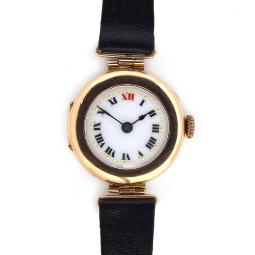 681 - A 9CT GOLD ENAMEL DIAL LADIES MECHANICAL WATCH
Cira 1920s, red 12, hinged lugs, diameter 25mm