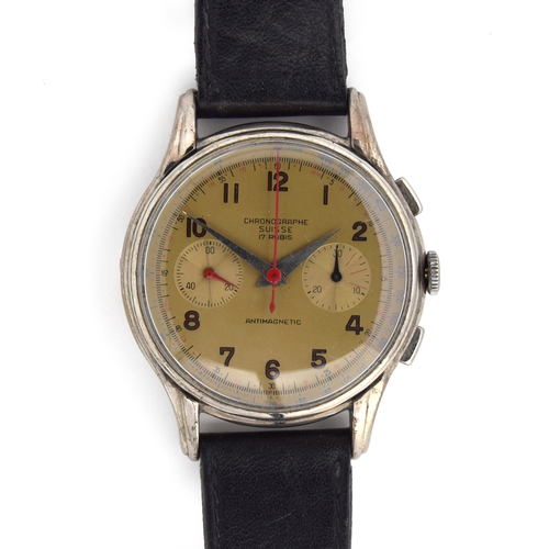 651 - A CHRONOGRAPHE SUISSE STEEL GENTLEMAN'S TWO DIAL CHRONOGRAPH
Circa 1950s, silvered dial, gold painte... 