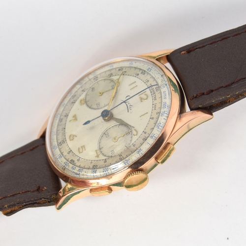 667 - A JOLUS GENTLEMAN'S 9CT TWO DIAL CHRONOGRAPH
Circa 1950s, silver dial with Arabic markers, tachymete... 