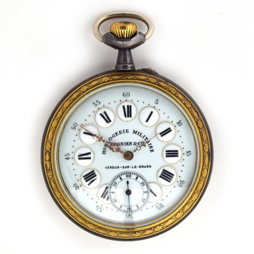 725 - A Magnien & Cie, Verdun-sur-le-Doubs French gun metal and gilt open face top wound pocket watch, 65m... 