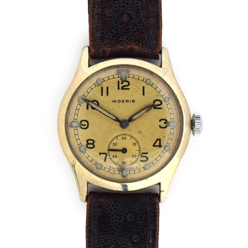 591 - A MOERIS ATP MILITARY WRIST WATCH
Circa 1930s, white dial with subsidiary seconds, Arabic numerals
M... 