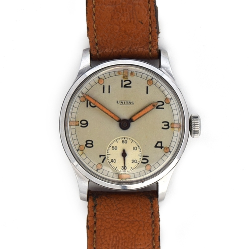 592 - A UNITAS ATP MILITARY STEEL WRIST WATCH
Circa 1930s, case in original unpolished condition, and dial... 