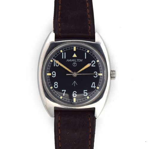 594 - A HAMILTON W10 MILITARY STEEL WATCH
Circa 1975, dial marked Hamilton, T circle, broad arrow
Movement... 