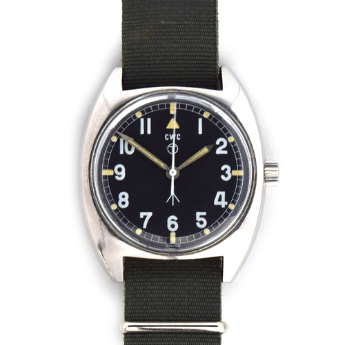 595 - A CWC W10 MILITARY STEEL WRIST WATCH
Dated 1976, black dial with luminous Arabic numerals
Movement: ... 