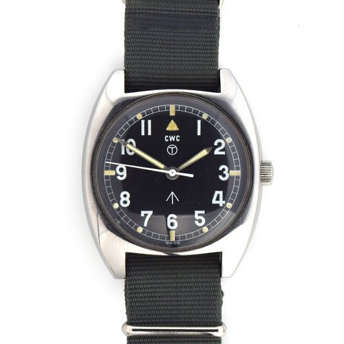 596 - A CWC W10 MILITARY STEEL WRIST WATCH
Dated 1979, black dial with luminous Arabic numerals
Movement: ... 