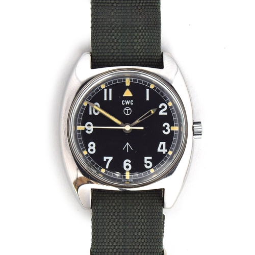 597 - A CWC W10 MILITARY STEEL WRIST WATCH
Circa 1970s, black dial with luminous Arabic numerals
Movement:... 