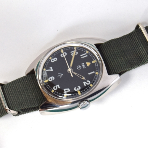 597 - A CWC W10 MILITARY STEEL WRIST WATCH
Circa 1970s, black dial with luminous Arabic numerals
Movement:... 