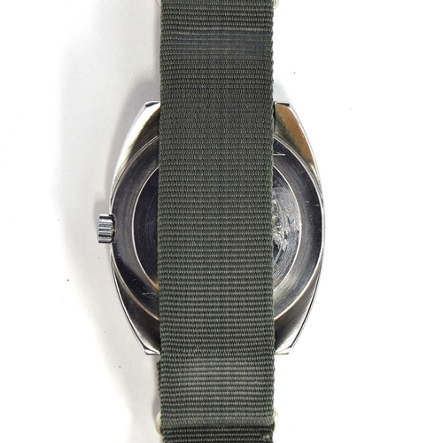 597 - A CWC W10 MILITARY STEEL WRIST WATCH
Circa 1970s, black dial with luminous Arabic numerals
Movement:... 