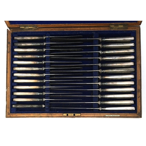 125 - A fitted canteen of 24 steel and silver handles knives and a carving fork by Isaac Ellis & Sons, She... 