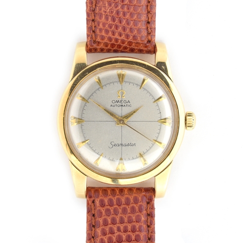 524 - AN OMEGA SEAMASTER 18CT GOLD GENTLEMAN'S BUMPER AUTOMATIC WRIST WATCH
1950-51, silvered dial, arrow ... 