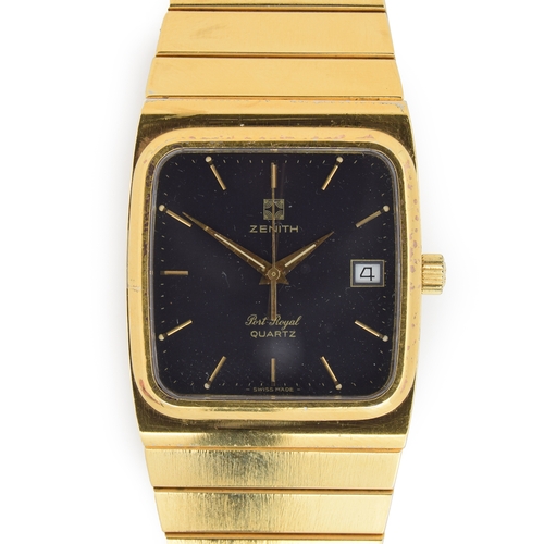 608 - A ZENITH PORT ROYAL STEEL AND GOLD PLATED QUARTZ WRIST WATCH 
Circa 1970s, black dial, raised gold b... 