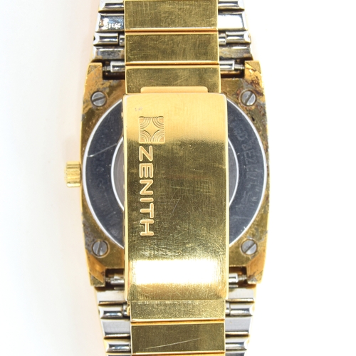 608 - A ZENITH PORT ROYAL STEEL AND GOLD PLATED QUARTZ WRIST WATCH 
Circa 1970s, black dial, raised gold b... 