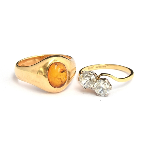 18 - A gent's 18ct gold ring set with oval amber stone (scratched), gross weight 14.1g, size S.5; togethe... 