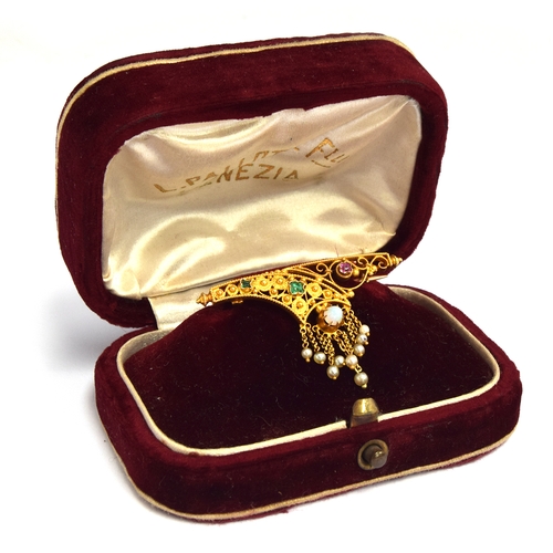 25 - An ornate gold brooch set with seed pearls and further coloured stones (box marked L Pallotti, Venez... 