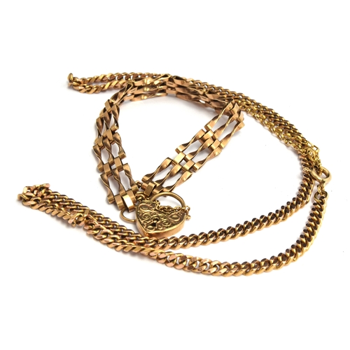 33 - A 9ct gold chain with flat S links, weight 20g; together with a 9ct gold gate link bracelet with hea... 