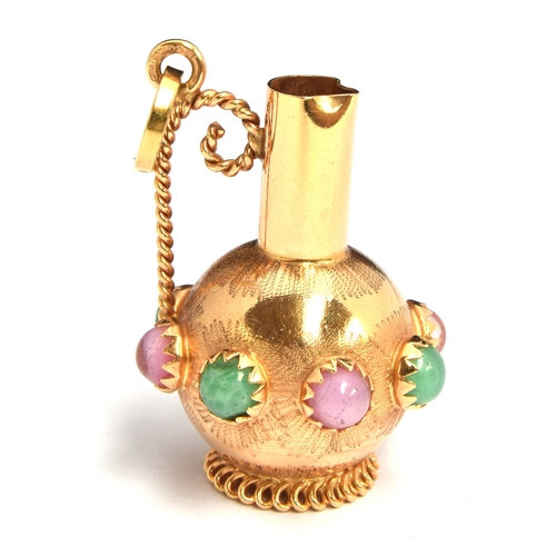 34 - An 18ct gold pitcher charm, approx. 2cm wide and 3.5cm high, decorated with pink and green stones, m... 