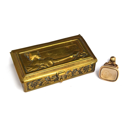 47 - A 9ct gold (tested no mark) fob seal, 11.4g gross weight; together with brass hinged stamp box decor... 