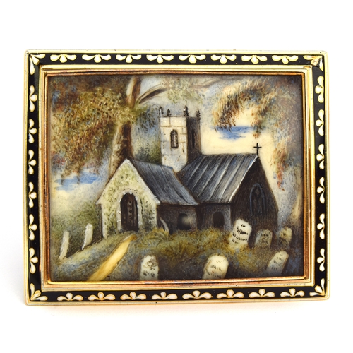 64 - 14ct gold (tested) brooch depicting miniature of a church scene surrounded with decorative enamel