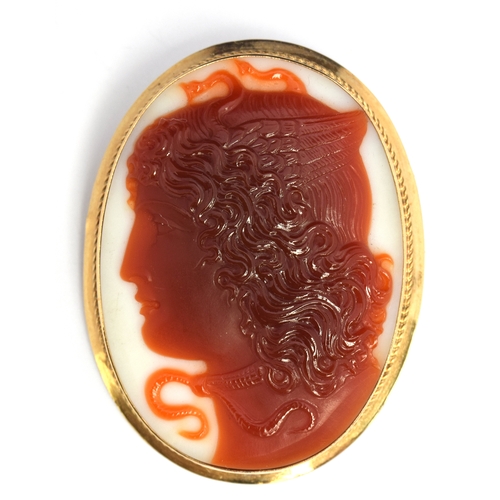 66 - A 9ct gold cameo depicting Medusa; together with a pair of drop earrings and small yellow metal brac... 