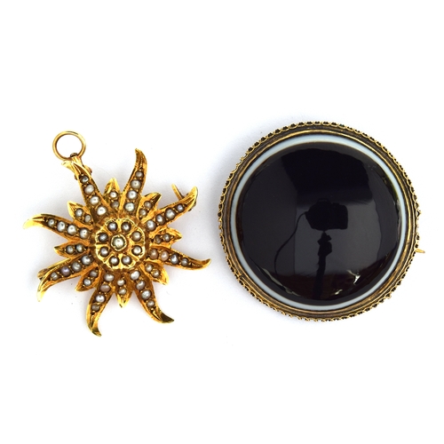 73 - A 14ct gold pearl sun brooch, gross weight 4.7g together with a black stone brooch