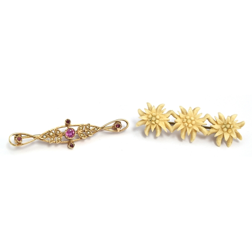 74 - A 9ct gold ruby and pearl brooch, gross weight 4.2g together with a brooch in the form of Edelweiss ... 