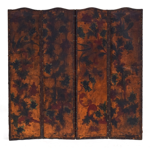 507 - A Georgian painted leather fourfold screen, 144.5cm high, each panel 36.5cm wide