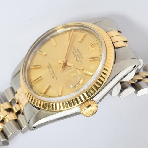 547 - A ROLEX DATEJUST 1603 STEEL AND GOLD GENTLEMAN'S WRIST WATCH
Circa 1970s, champagne bevelled edge di... 