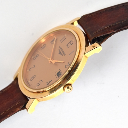 573 - A LONGINES QUARTZ GOLD PLATED GENTLEMAN'S WRIST WATCH
Steel back, champaign dial, Arabic numerals
Mo... 