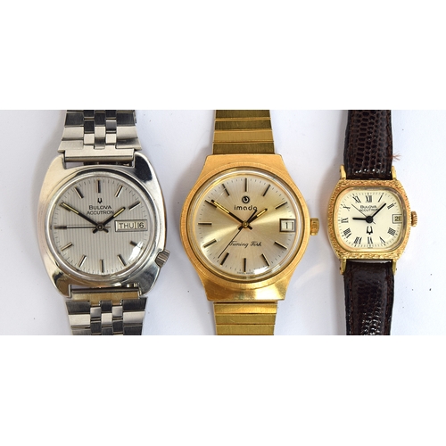 583 - THREE BULOVA TUNING FORK WATCHES
A gold plated and steel gent's watch marked Imado; a ladies gold fi... 