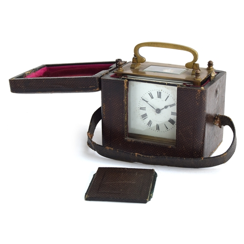 729 - 19th century brass carriage clock with leather bound travelling case. Clock made in Paris, maker Han... 