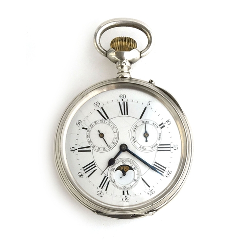 724 - A large French silver cased open face top wound pocket watch with day date and moon phase, 75mm diam... 