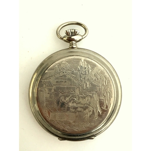 51 - A modern Jean Pierre pocket watch, the dial with Roman numerals decorated with figures and cows, the... 