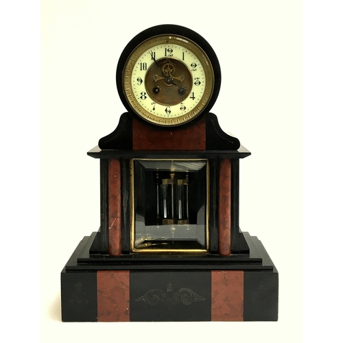 52 - A tall slate mantel clock with red marble columns, with bevelled glass window, together with an oak ... 