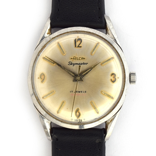 689 - A FELCA SKYMASTER STEEL WRIST WATCH 
Circa 1950s, Silvered dial, dagger hands, baton markers, arabic... 