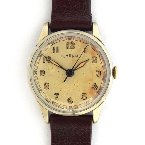 690 - A LEMANIA GENTLEMAN'S WRIST WATCH 
Circa 1950s, silvered dial, patinated, luminous sword hands, arab... 