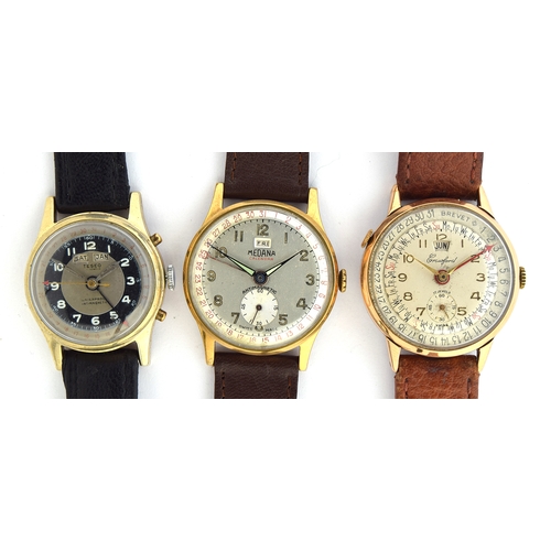 691 - THREE GENT'S GOLD PLATED DAY DATE WATCHES
One Crawford, one Teseo, one Medana, between 30mm and 33mm