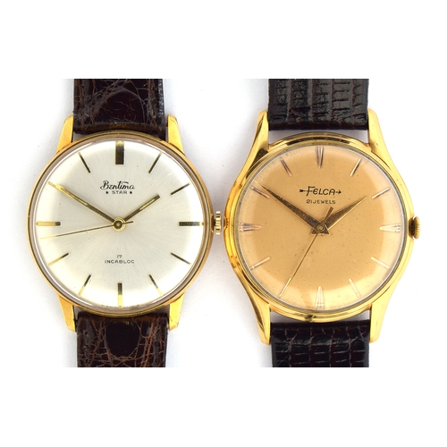 692 - TWO GENTLEMAN'S STEEL AND GOLD PLATED WATCHES
Circa 1960s, one a Felca, the other a Bentima, both 33... 