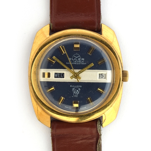 693 - A BULER BULLDOG GENTLEMAN'S STEEL AND GOLD PLATED DAY DATE WATCH
Circa 1970s
Movement: 21J manual
Ca... 