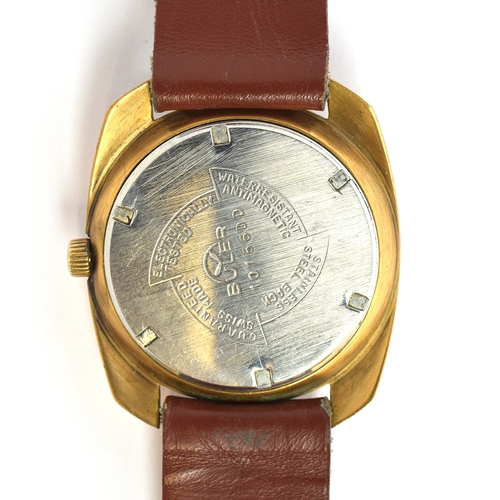 693 - A BULER BULLDOG GENTLEMAN'S STEEL AND GOLD PLATED DAY DATE WATCH
Circa 1970s
Movement: 21J manual
Ca... 