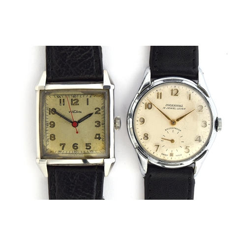 695 - TWO GENTLEMAN'S STEEL WATCHES
Circa 1950s, one a rectangular Vulcane, and a round Ingersol