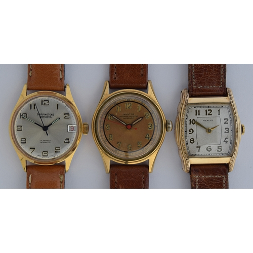 697 - THREE GENTLEMAN'S STEEL AND GOLD PLATED WATCHES
Circa 1950s: Invicta; Bravingtons; and Geneve