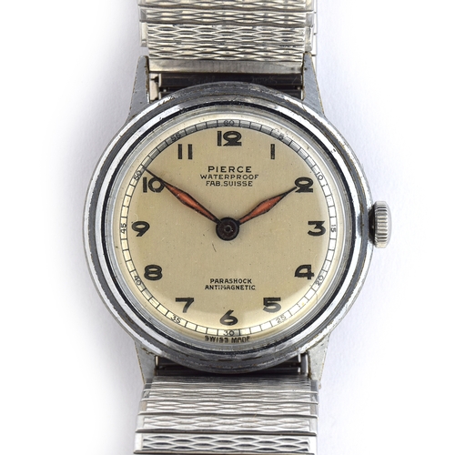 698 - A PIERCE PARASHOCK STEEL GENTLEMAN'S WRIST WATCH
Circa 1940s, silvered dial, train track seconds (se... 