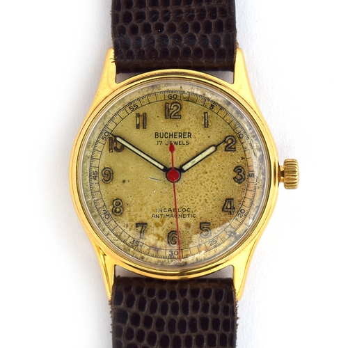 699 - A BUCHERER STEEL AND GOLD PLATED GENTS WRIST WATCH
Circa 1950s, cream dial, arabic numerals, syringe... 