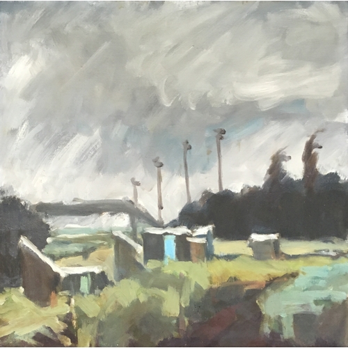 299A - Sarah Spackman RBA (b.1958), Wokingham Allotments, oil on canvas, signed and dated to verso, 45x45cm... 