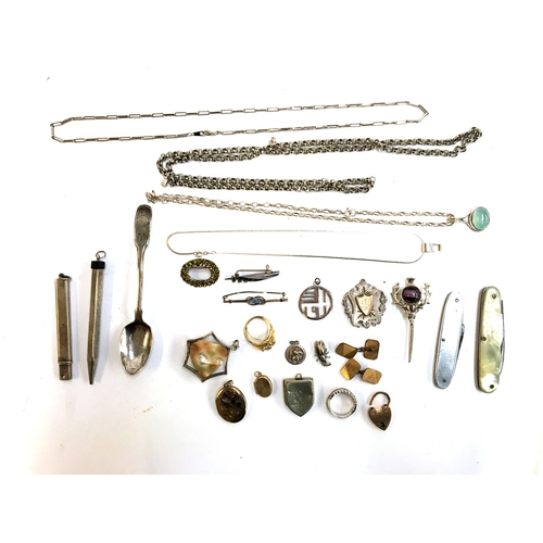 10 - Mixed lot to include silver pendants and chain, silver pencil, 2 penknives, silver brooch, silver sp... 