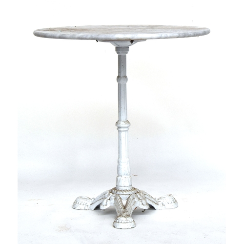 519 - A marble topped garden table in the style of Coalbrokedale, with cast iron tripod base, 70cm diamete... 