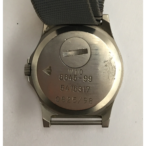 598 - A CWC W10 QUARTZ MILITARY STEEL WRIST WATCH
Dated 1998, the case engraved with broad arrow and W10 6... 