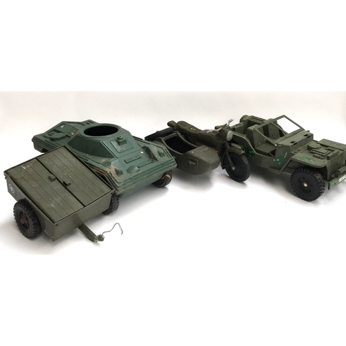 1067 - A selection of large plastic military vehicle models, to include a motorcycle and sidecar, wagon, tr... 